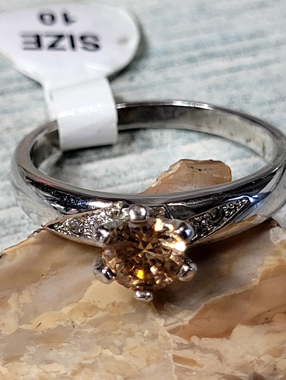 Classic Silver Solitaire Ring with Champagne Stone - Women Jewelry